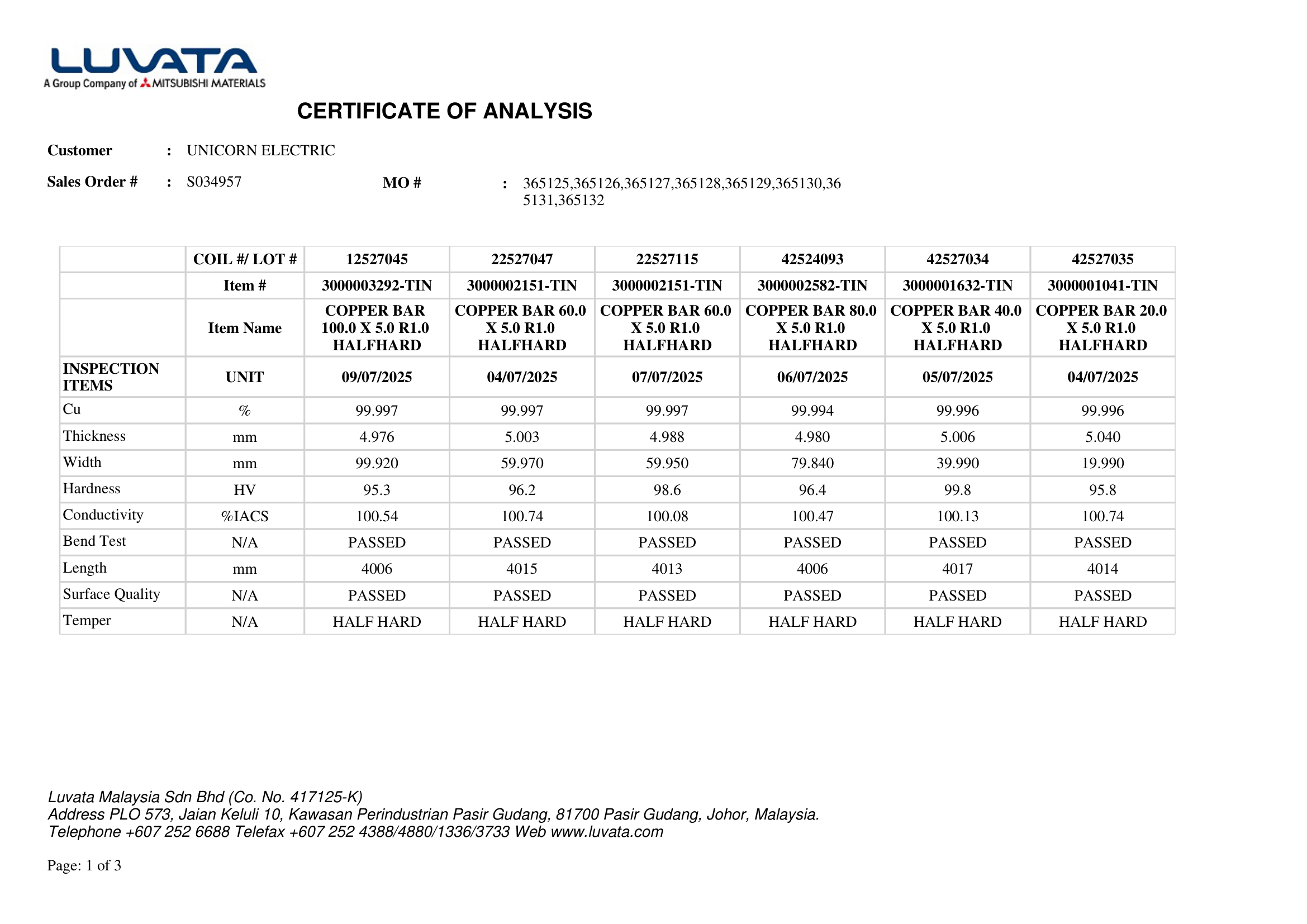 Luvata Malaysia Electrolytic Copper Quality Certification